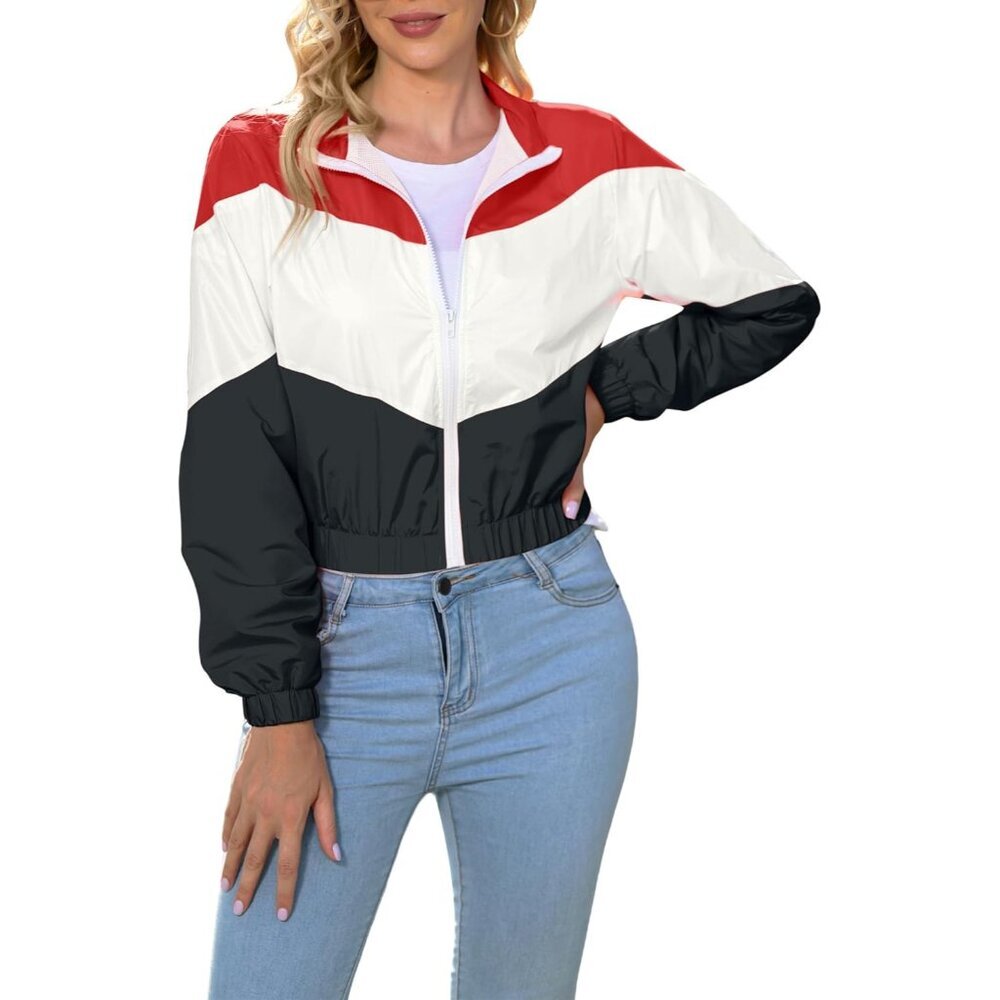 Women’s Lightweight Windbreaker Sport Jacket Zip Up Color Block Coat Casual Long